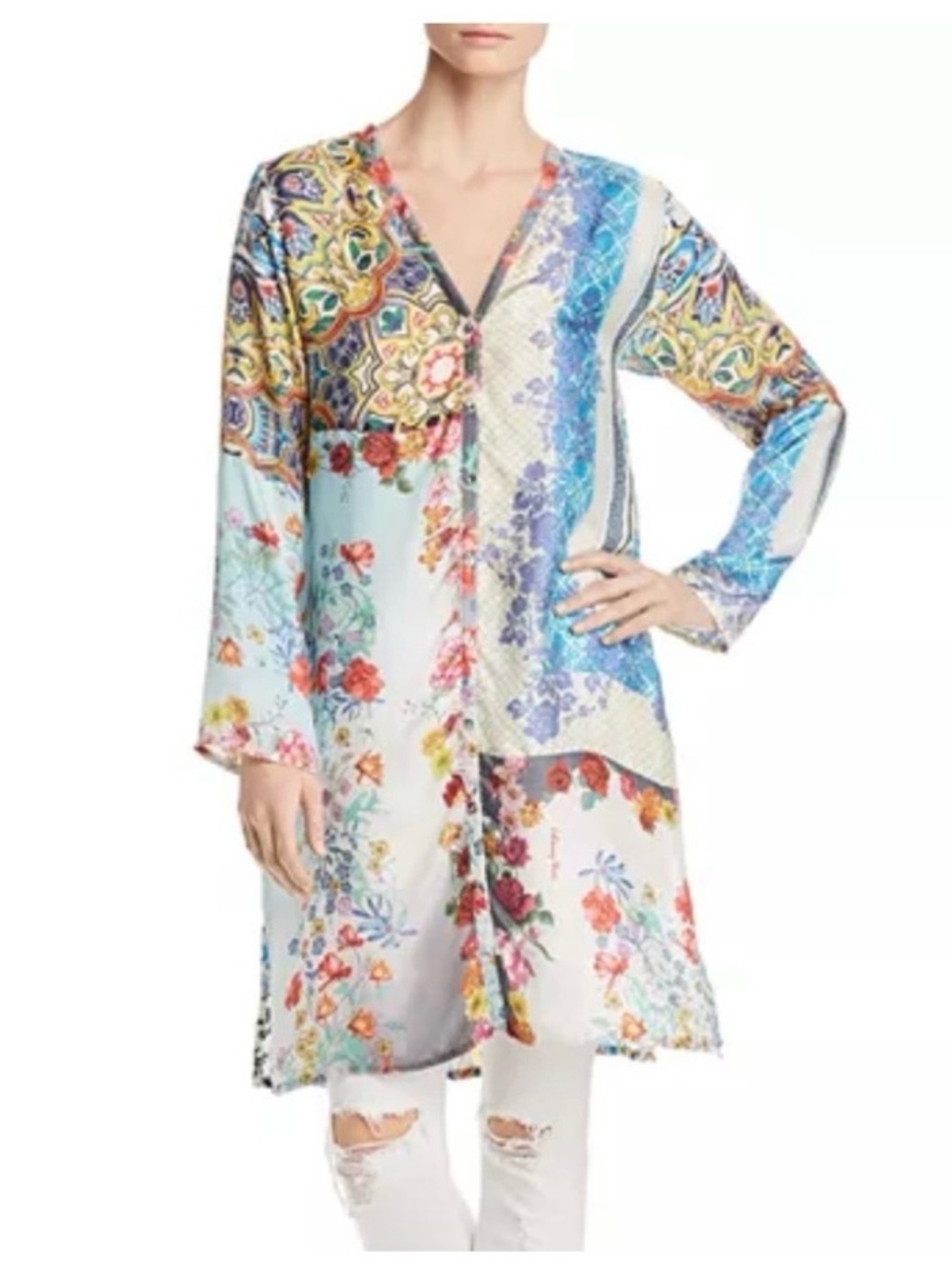 Johnny Was Blue Floral Patchwork Top